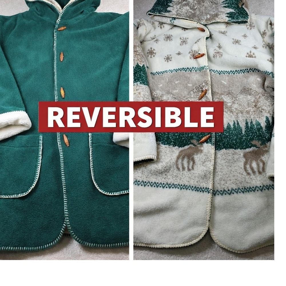 Denali Reversible Fleece Jacket Women XL Green Scenic Moose Toggle Hooded Coat